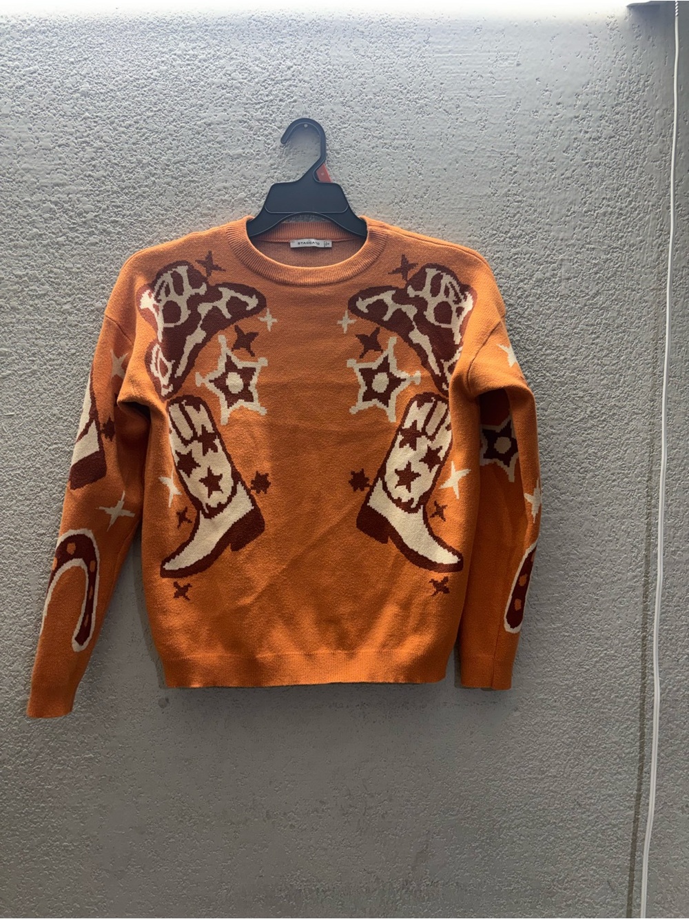 Staccato Orange Western Boot Motif Crewneck Sweater - Men